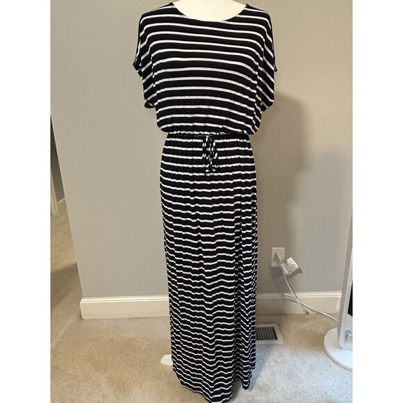 GREEN ENVELOPE Navy Blue White Striped Short Sleeve Cinched Waist Maxi Dress Med - Picture 1 of 9